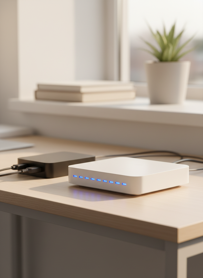 Un moderno router de telecomunicaciones de color blanco mate, con múltiples luces LED azules alineadas en el frente mostrando una conexión estable, se apoya sobre un escritorio minimalista de madera clara. A su lado, un módem compacto negro se conecta con cables perfectamente organizados que desaparecen por detrás del mueble. Luz natural suave de tarde entra por una ventana fuera de cuadro, creando reflejos sutiles sobre las superficies plásticas y sombras delicadas detrás de los dispositivos. La toma fotográfica, a nivel de mesa y ligeramente en ángulo, mantiene el fondo desenfocado con un entorno de oficina limpio y ordenado. La atmósfera es profesional, confiable y tecnológica, con un estilo de realismo fotográfico nítido y colores equilibrados que transmiten estabilidad y conexión accesible.