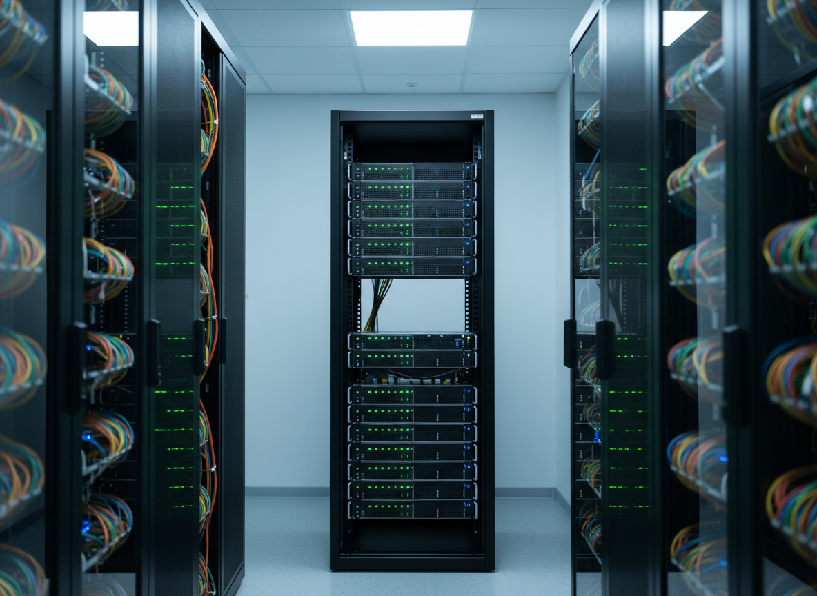 Un servidor de telecomunicaciones en un rack metálico negro, lleno de paneles frontales con indicadores LED verdes y azules parpadeando, ocupa el centro de una sala de datos impecable. Cables de red de colores organizados en canaletas se alinean con precisión, creando patrones ordenados que refuerzan la idea de estructura y eficiencia. La iluminación proviene de luces de techo frías y uniformes que bañan la sala con un resplandor blanco ligeramente azulado, produciendo reflejos sutiles en las superficies metálicas y de vidrio. La toma, a nivel de vista humana y con ligera profundidad de campo, mantiene el rack en foco perfecto mientras el fondo se suaviza en bokeh. La atmósfera es altamente profesional, confiable y segura, con un estilo de realismo fotográfico limpio y corporativo.