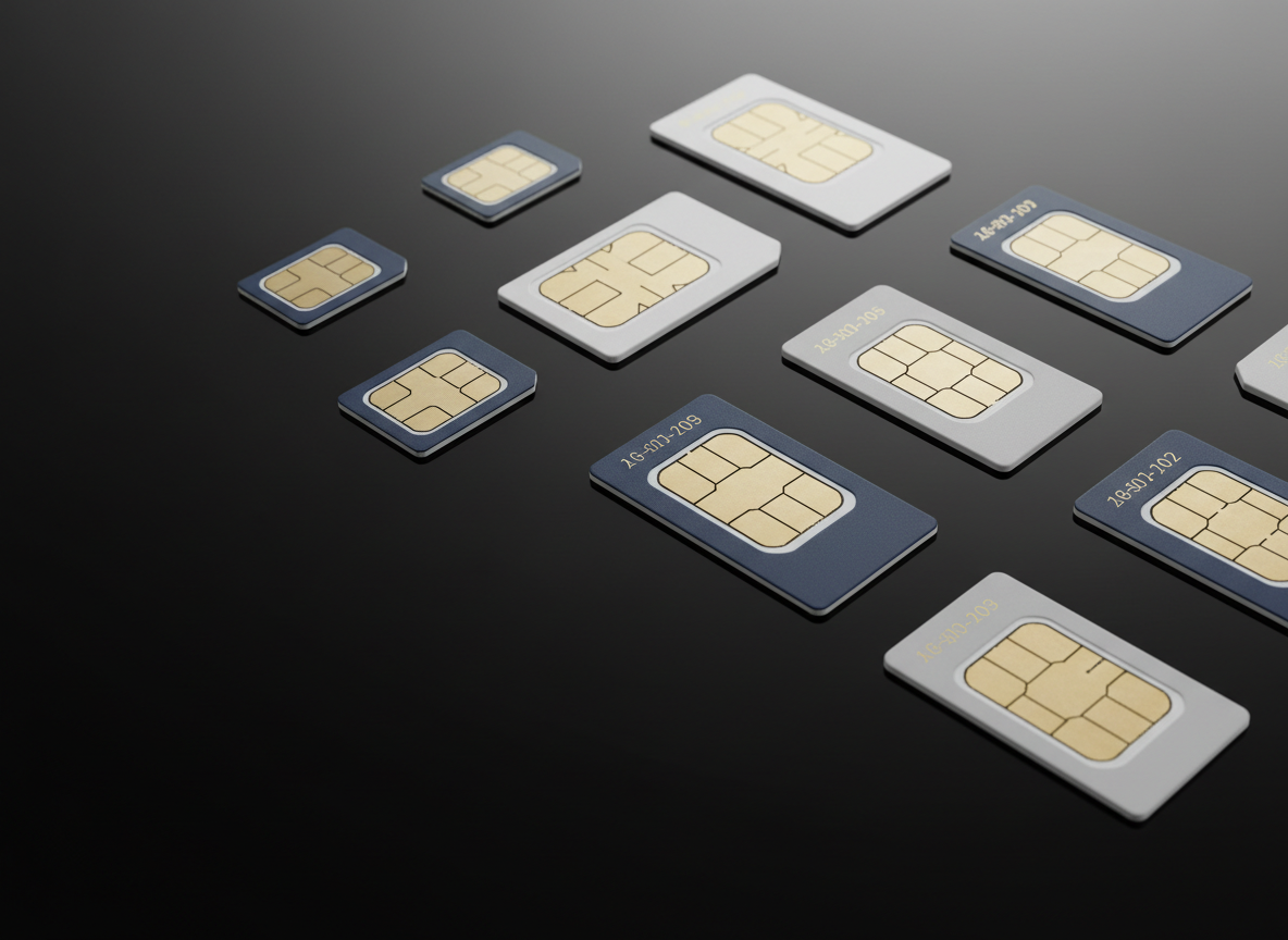 Un conjunto ordenado de tarjetas SIM y chips de datos de distintos tamaños y colores neutros (blanco, gris, azul oscuro) se extiende sobre una superficie lisa de vidrio negro brillante. Cada tarjeta muestra números y circuitos dorados detallados, con bordes perfectamente definidos y textura ligeramente satinada. Desde arriba, una iluminación de estudio suave y uniforme cae sobre la escena, generando reflejos controlados y halos de luz que realzan el aspecto tecnológico de los componentes. La composición fotográfica tipo vista cenital utiliza la regla de los tercios, dejando espacio negativo elegante en uno de los laterales para posibles textos. El ambiente es moderno, preciso y corporativo, transmitiendo flexibilidad de planes y opciones de conexión a precios personalizables, en un estilo fotográfico limpio y de alto contraste.