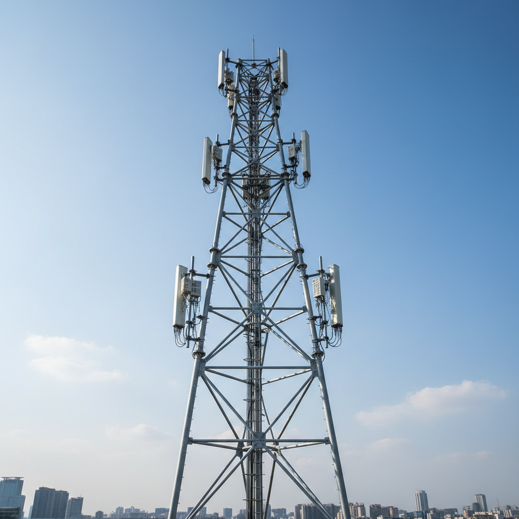 Una torre de antena de telecomunicaciones metálica, de estructura plateada reluciente, se recorta contra un cielo azul claro con algunas nubes suaves en el horizonte. En la torre se distinguen paneles y equipos de transmisión de diferentes tamaños, con cables bien organizados siguiendo las líneas de la estructura. La escena está bañada por luz diurna brillante pero ligeramente difusa, resaltando los detalles de los metales y creando sombras firmes pero no dramáticas sobre los soportes. La composición fotográfica se realiza desde un ángulo bajo, enfatizando altura, cobertura y alcance. Al fondo se adivina, muy desenfocado, un paisaje urbano moderno. La imagen respira un ambiente de solidez, cobertura amplia y tecnología avanzada, con estética limpia y profesional de realismo fotográfico.